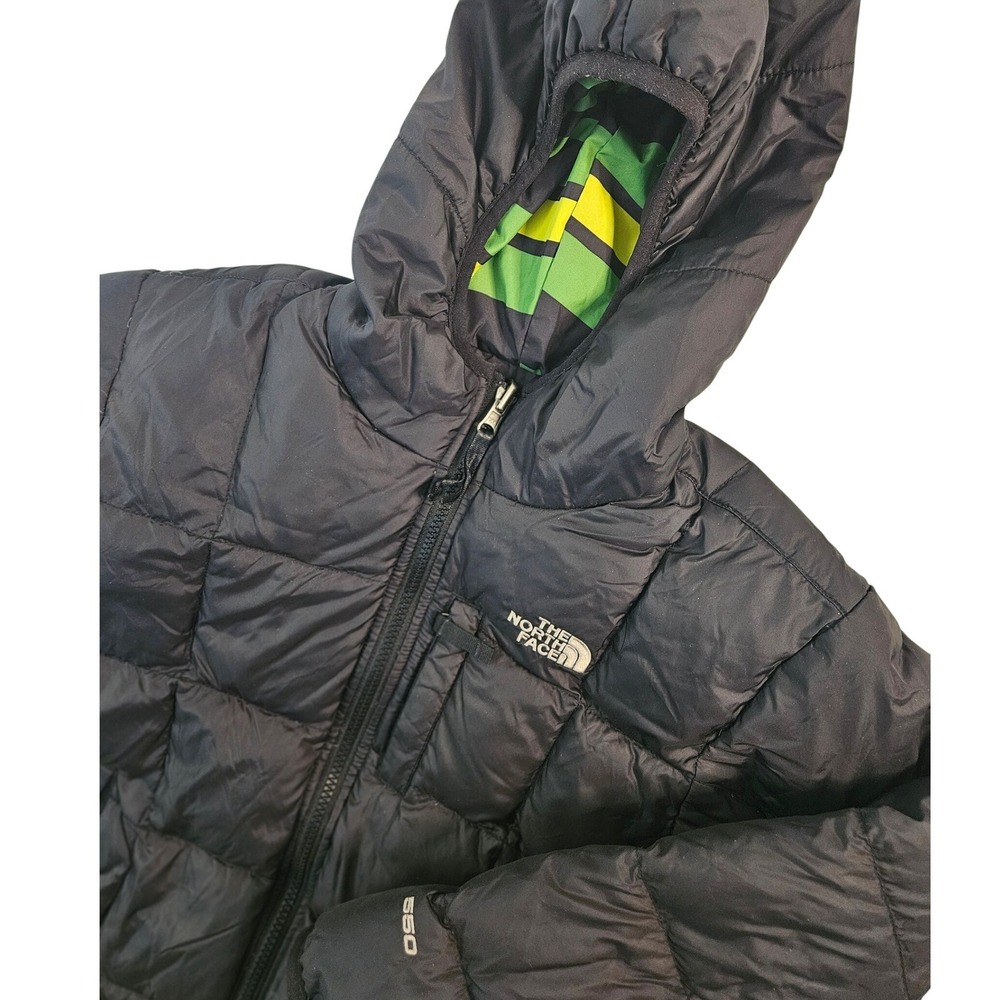 The North Face Kids 550 Down Puffer Jacket Black Hooded Coat Medium Small Flaws